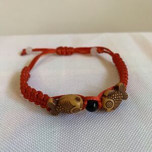 Adjustable Red Cord Good Luck Fish Bracelet, Carved Fish Beads, Feng Shui Charm